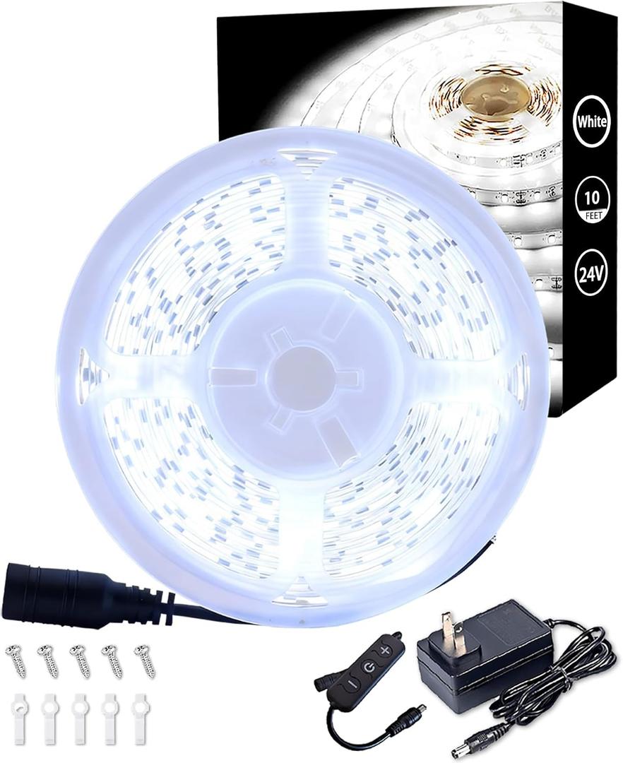 10Ft Rope Light Indoor Tape Lights LED Strip Lights for Vanity Mirror Bedroom with Dimmer Control for Kitchen, Cabinet, Shelf, Super Bright Flexible Cuttable Under Cabinet Lighting Counter