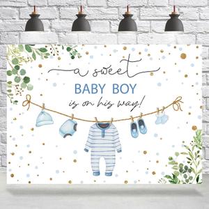 Baby Shower Backdrop for Boys Blue Gold Dots Jumpsuits A Sweet Baby Boy is On His Way Photography Background Kids Newborn Boys Birthday Party Decoration Supplies Banner Photo Booth Props 7x5ft