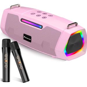 Karaoke Machine with Two Wireless Microphones - Portable 60W Powerful Bluetooth Speaker, Long Battery Life for Outdoor & Family Party, RGB Lights, PA System for Girls, Young Women - Pink
