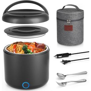 Electric Lunch Box for Adults, 41-Ounce Portable Food Warmer, 100W Leakproof Heated Lunch Box with Insulated Bag Fork Spoon for Car/Truck/Home/Work, 12V/24V/110V (Black-1.2L)