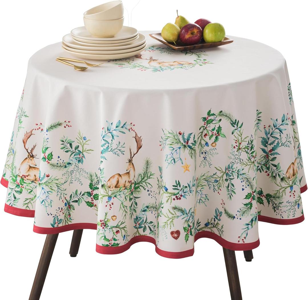 Maison d' Hermine Table Cloth Round Table 100% Cotton 69 Inches Fall Tablecloth Reusable Everyday Use for Thanksgiving Christmas Decorations Dining Farmhouse Party (Holly Time)