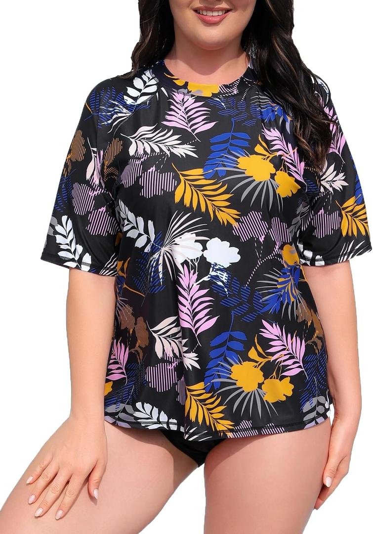 Halcurt Women's Plus Size Rash Guard Short Sleeve Swim Shirt with Built in Bra UPF50+ Sun Protection Swimsuit Top