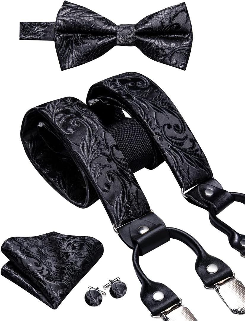 Dubulle Suspender and Bow Tie for Men Paisley Solid Men's Suit Braces Pretied Bowtie and Handkerchief Cufflinks Formal Wedding