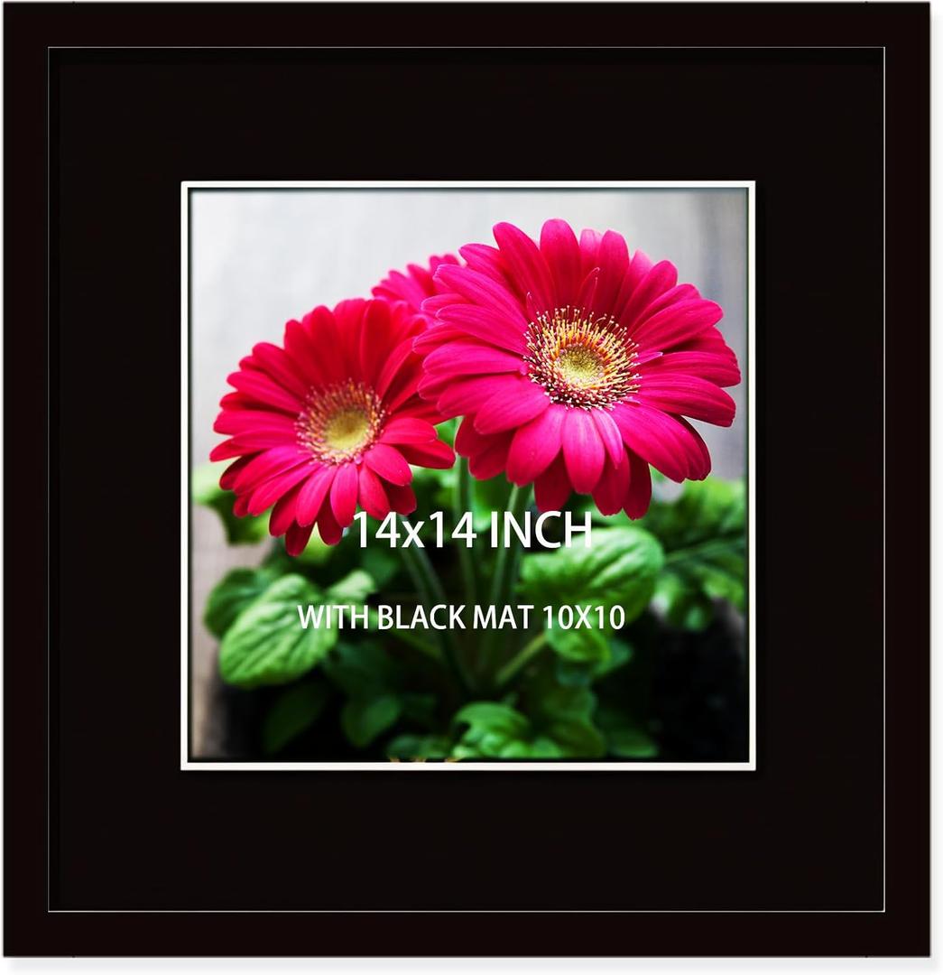 14x14 Picture Frame Black Solid Wood for Black Mat 10x10 Wall Mounting Square Poster Frames