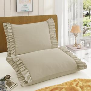 RUDONG M Ruffled Pillow Cases Set of 2, King Microfiber Pillowcases, Decorative Ruffle Pillow Covers with Envelope Closure, 20x36 Inches Beige Boho Pillow Shams