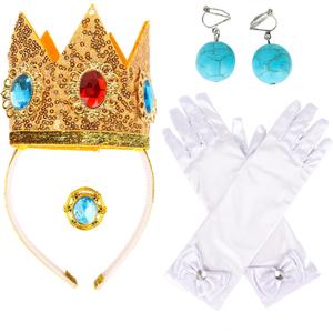 4PCS Princess Costume Accessories for Women Princess Peach Crown Earrings White Gloves Brooch Halloween Costume Accessories Cosplay Dress up for Women