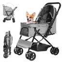 Lightweight Dog Stroller with Reversible Handle for Medium Small Dogs and Cats, Foldable Pet Stroller Travel Carriage with Large Storage Basket, 4 Wheels, Linen Gray