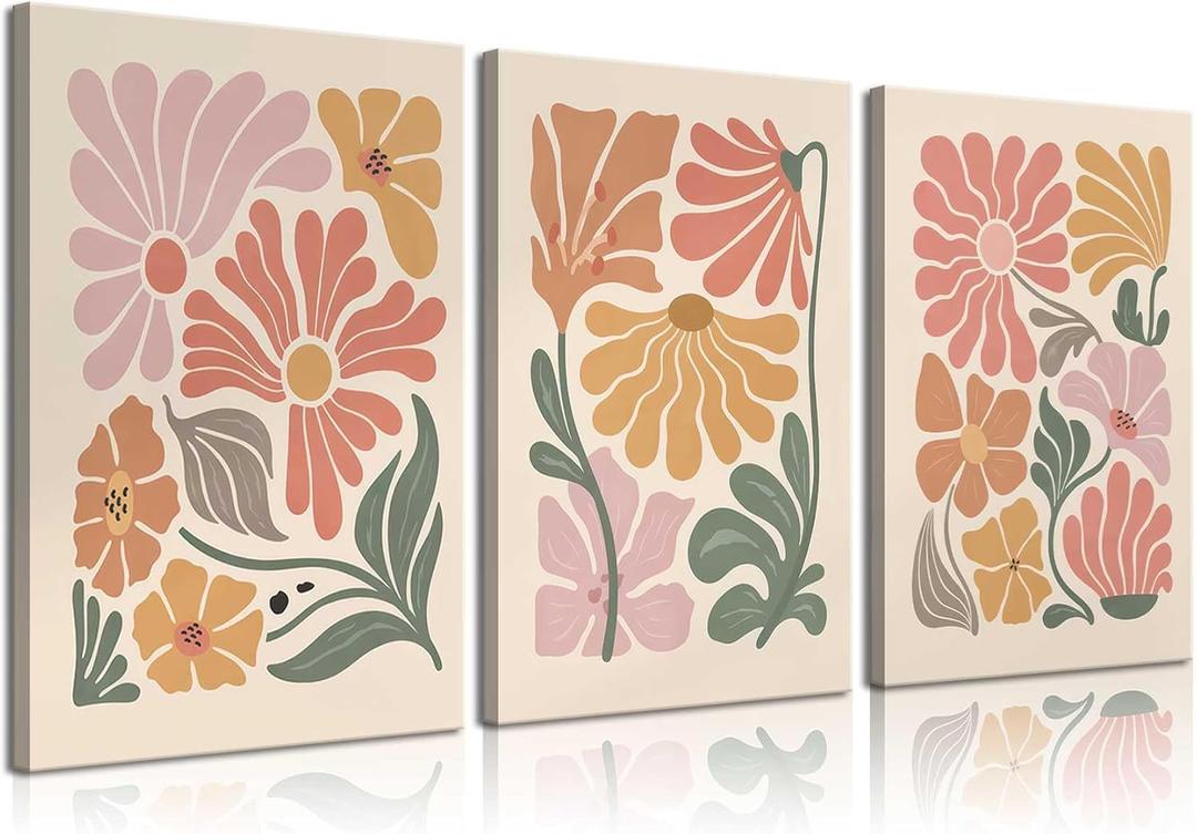 LBARTXY 3Pcs Framed Boho Flowers Canvas Wall Art Abstract Botanical Floral Wall Decor Pictures Neutral Minimalist Terracotta Plant Prints for Living room Bedroom Decoration 12x16in
