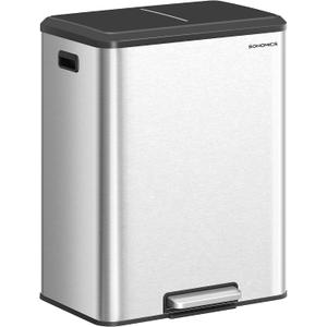 SONGMICS Trash Can, 2 x 8 Gallon (2 x 30 L) Double Garabge Can for Recycling and Waste, Stainless Steel, Soft-Close Lid, Inner Buckets, Wide Sturdy Pedal, Metallic Silver ULTB556E01