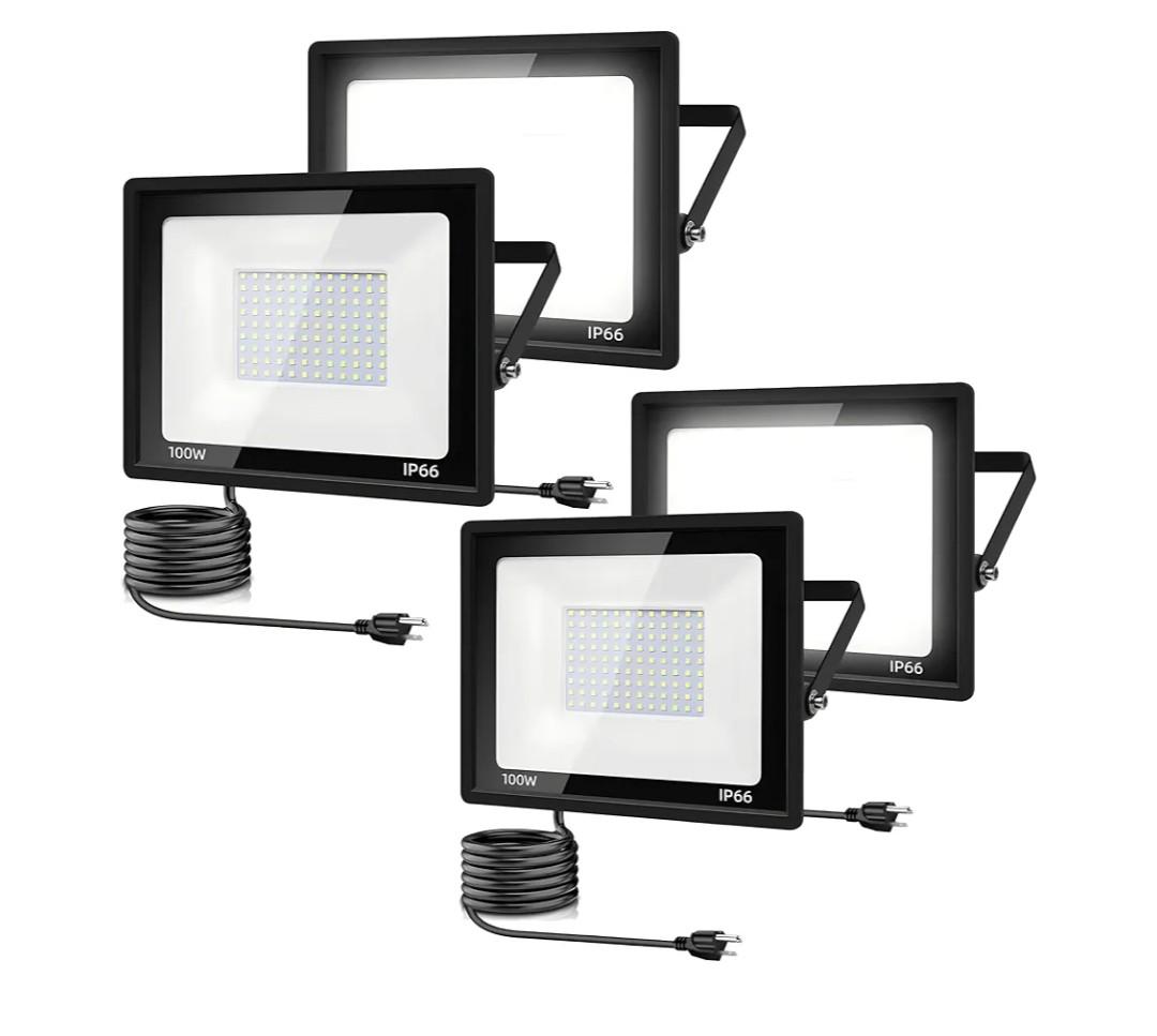 4Pack LED Flood Light Outdoor,100W LED Work Light 11000lm with 6FT US Plug,IP66 Waterproof Exterior Security Lights,6000K Daylight White Outside Floodlights Slim Design for Playground Yard