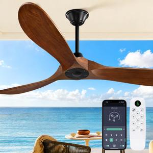 Outdoor Ceiling Fan No Light for Patios, 52-inch Ceiling Fans Without Lights with Smart App and Remote Control, Wet Rated 3 Blades Wood Propeller Modern Fan for Exterior Outside, High CFM, Walnut