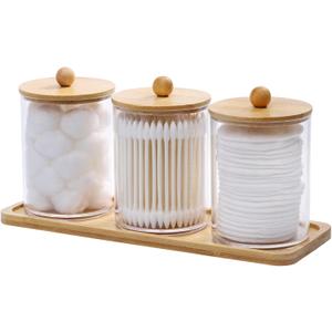 Tbestmax 10 Oz Cotton Swab/Ball/Pad Holder with Vanity Tray, Qtip Apothecary Jar, Clear Bathroom Containers Dispenser for Storage 3 Pack Wood Lids (Group A-beige Bamboo)