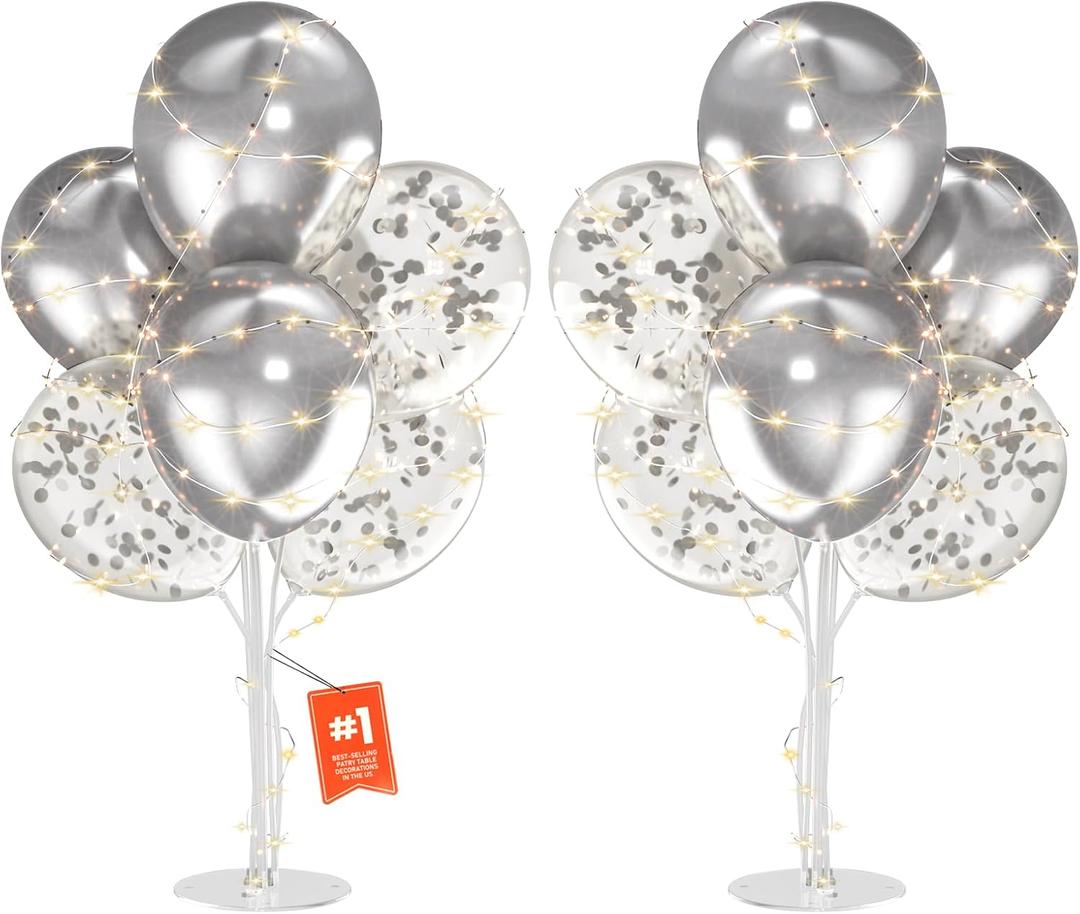 2Set Silver Balloons Stand, Balloons Stands for Table, Silver Balloons Centerpieces for Tables for Birthday, Baby Shower, Wedding, Anniversary Table Party Decorations. With light string