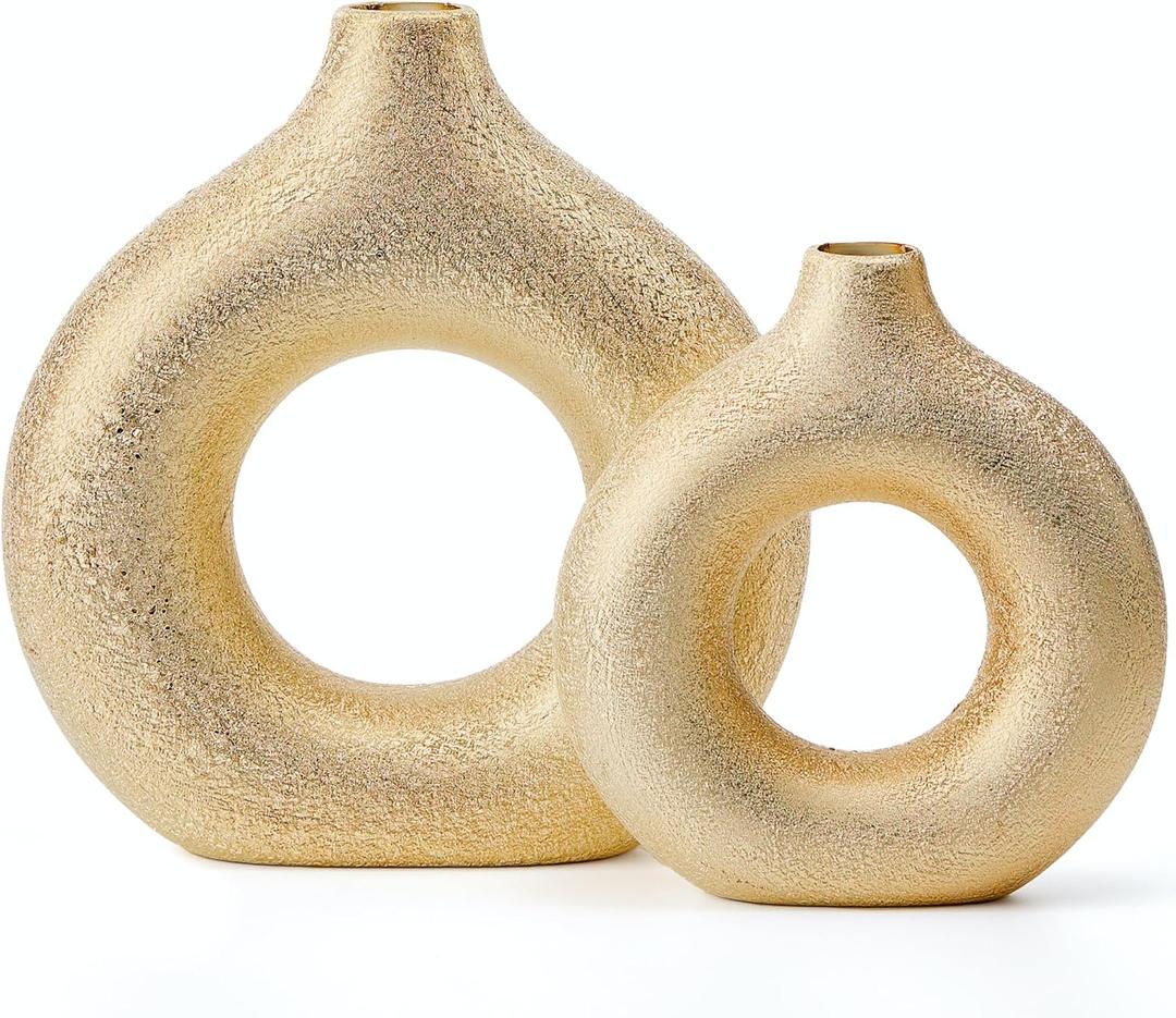 Modern Donut-Shaped Decorative Vases, Handmade Minimalist Boho ins Style, Modern Vase for Home Decor for Wedding Dinner Table Party Living Room Office Bedroom (Gold, Large + Small)