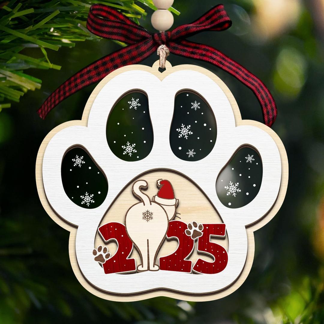 2 x Cat Ornaments 2025 - Acrylic & Wooden Christmas Hanging Ornaments - Cat Lover Gifts for Women, Lady, Crazy, Owner - Kitten Ornaments for Christmas Tree