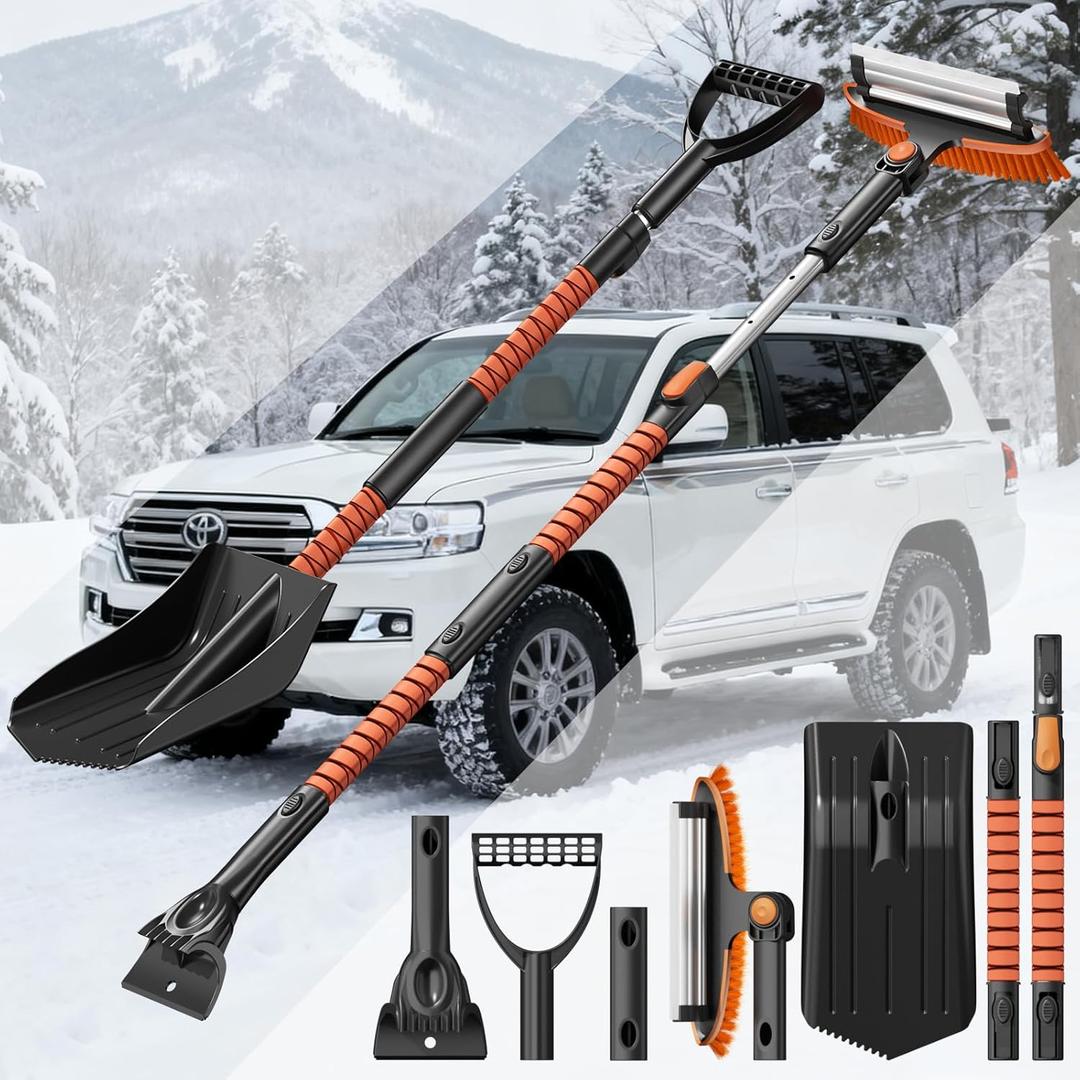 4-In-1 Snow Brush and Ice Scrapers for Car Windshield 55'' Extendable Snow Shovel Snow Broom Kit with Squeegee, Foam Grip 180°Pivoting Thicken Brush Head Portable Snow Scraper for Car, Trucks, SUV