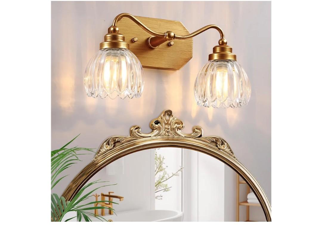Vintage Bathroom Light Fixtures, 2 Light Gold Bathroom Vanity Light, Matte Antique Brass Finish with Crystal Glass Shade, Wall Sconces Lighting for Bedroom, Living Room, Hallway