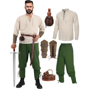 Medieval Costume Men Adult Renaissance Costume Set Viking Pirate Shirt Ankle Banded Pants with Arm Guard Belt Pouch (XX-Large, Green)