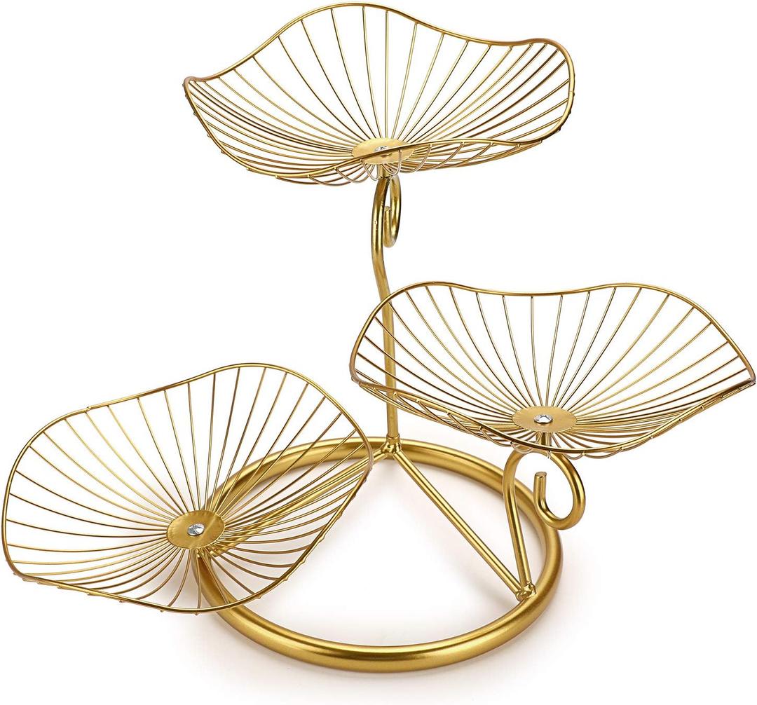 OwnMy 3-Tier Fruit Basket Stand Decorative Iron Fruit Bowl, Metal Wire Fruit Holder Storage Trays Table Countertop Holder for Vegetables Bread Snack, Modern Fruit Bowls for Kitchen Home Use (Gold)