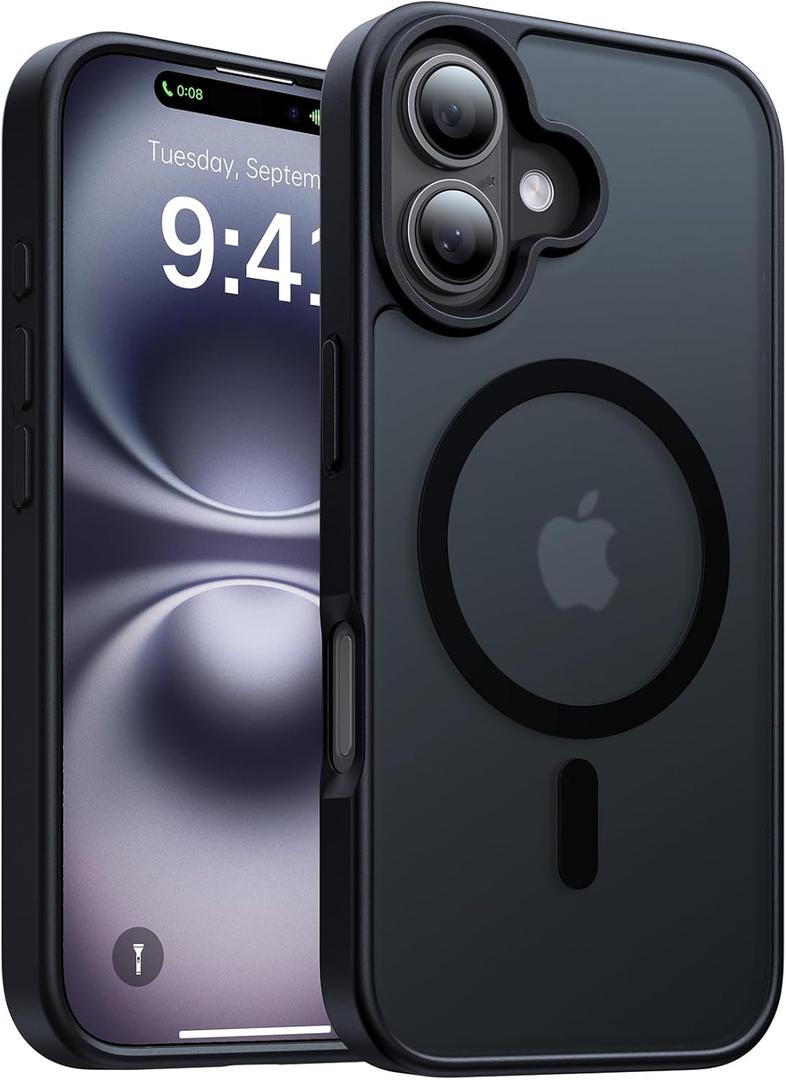 3 x Magnetic for iPhone 16 Case, [Compatible with MagSafe][Military-Grade Drop Protection][Anti-Yellowing] Shockproof Protective Translucent Matte Cover for iPhone 16 Phone Case,Black