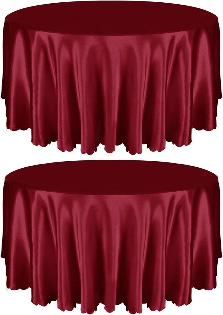 Entisn 2 Pack 108 Inch / 9ft Round Tablecloth, Burgundy Satin Table Cover for 8-10 Seats, Wrinkle Resistant and Washable Silky Table Cloths for Wedding Party Banquet Events Decoration