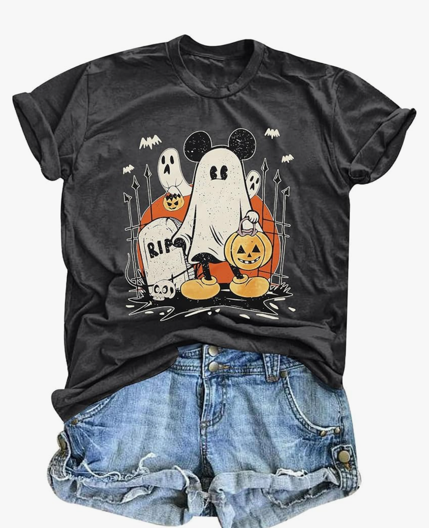Women's Halloween Pumpkin Ghost Shirt Cute Spooky Season Graphic Tee Casual Short Sleeve Top (L, Black)