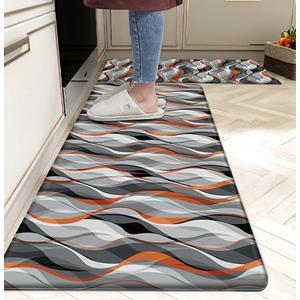 Kitchen Mats for Floor Modern Abstract kitchen rugs Grey and Orange Stripe Anti Fatigue Kitchen Mats Waterproof Floor Mats Cushioned Non-Skid Standing Mats for Kitchen, Set of 2,17.3 x 28+17.3 x 47, Boho Floral
