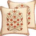 ISAENNE Design Linen Square Vintage Throw Pillow Covers 18"x18" Pack of 2, Brick Red Cushion Covers with Orange Floral Green Leaves Pattern Decoration Pillowcases for Bed,Living Room,Outdoor,Car