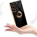 for Samsung Galaxy S23 Ultra 5G Case, Built-in 360 Rotation Ring Holder Magnetic Stand, Luxury Shiny Plating Edge Shockproof Electroplated Protective Phone Cover (Black/Golden)