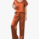 Ekouaer Women's Satin Silky Pajama Set 2 Piece Short Sleeve Shirt with Long Pants Pjs Sets Soft PJ Loungewear, M