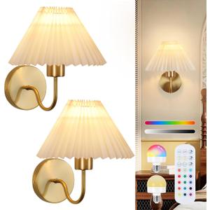 ADISUN Wall Sconces Sets of 2 RGB Battery Operated Wall Sconces for Bedroom Dresser Classic Golden Wall Lamp with Remote for Living Room Bathroom Dining Room Corridor Staircase (2 Bulbs Included)