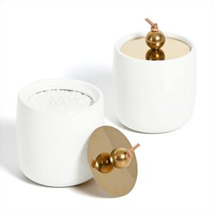 2 Pack Ceramic Qtip Holder Dispenser with Gold Lids, White Apothecary Jars Bathroom Vanity Organizer for Home Decor - Bathroom Canister for Cotton Swabs, Rounds, Balls, Makeup Sponges, Bath Salts