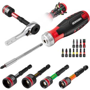 GEINXURN 19 Pieces Ratcheting Screwdriver Set and Socket Wrench Set, Mini Rachet Wrench, Rachet Screwdriver Handle and Nut Driver with 12 Pcs Impact Screwdriver Bit, Hand Tools Set for Repair DIY