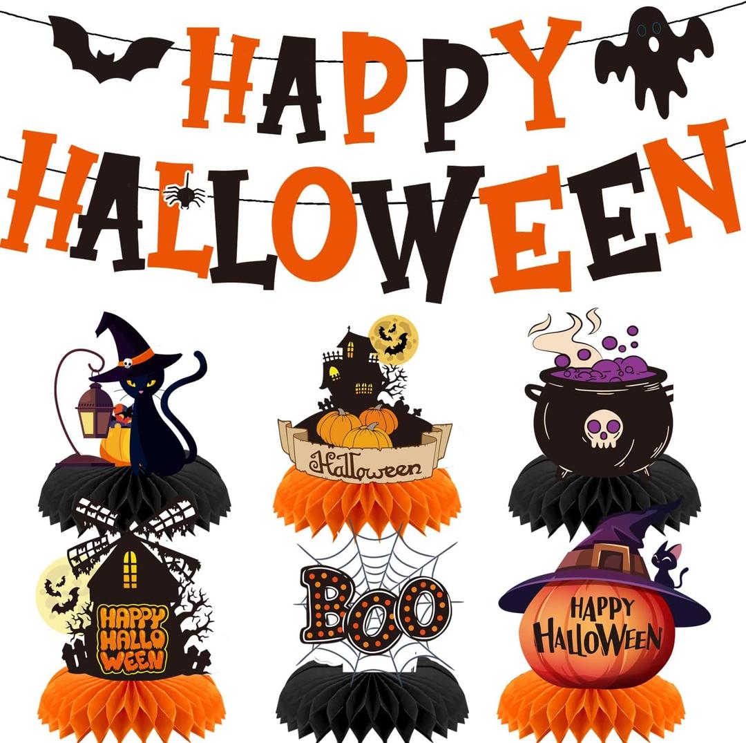 Halloween Decorations Honeycomb Table Centerpieces & Banner Set – 7PCS Black Cat, Haunted House, Pumpkin, Witch Hat & Cauldron Halloween Party Supplies for Home, Office, Classroom