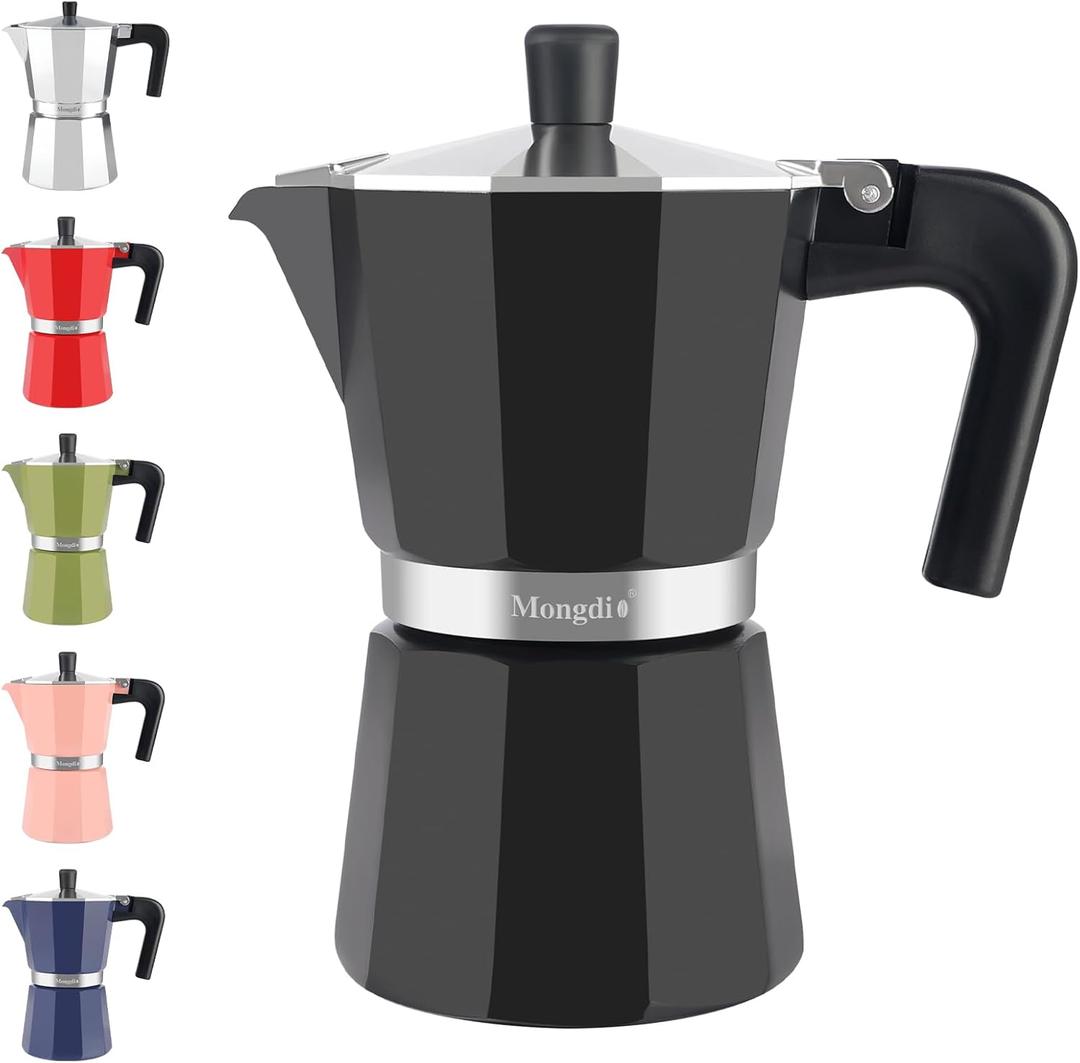 Mongdio Stovetop Espresso Maker Moka Pot, Stove Top Cuban Coffee Maker, Italian Greca Mocha Pot, 6 Espresso Cups, 10 oz - Black