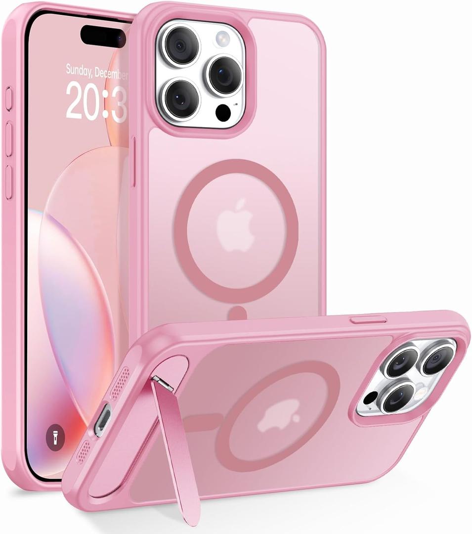 Magnetic Case for iPhone 15 Pro Max 6.7" [Built-in Invisible Kickstand] Compatible with MagSafe, Slim Translucent Matte Shockproof Protective Bumper Women Girls Cover for iPhone 15 Pro Max - Pink