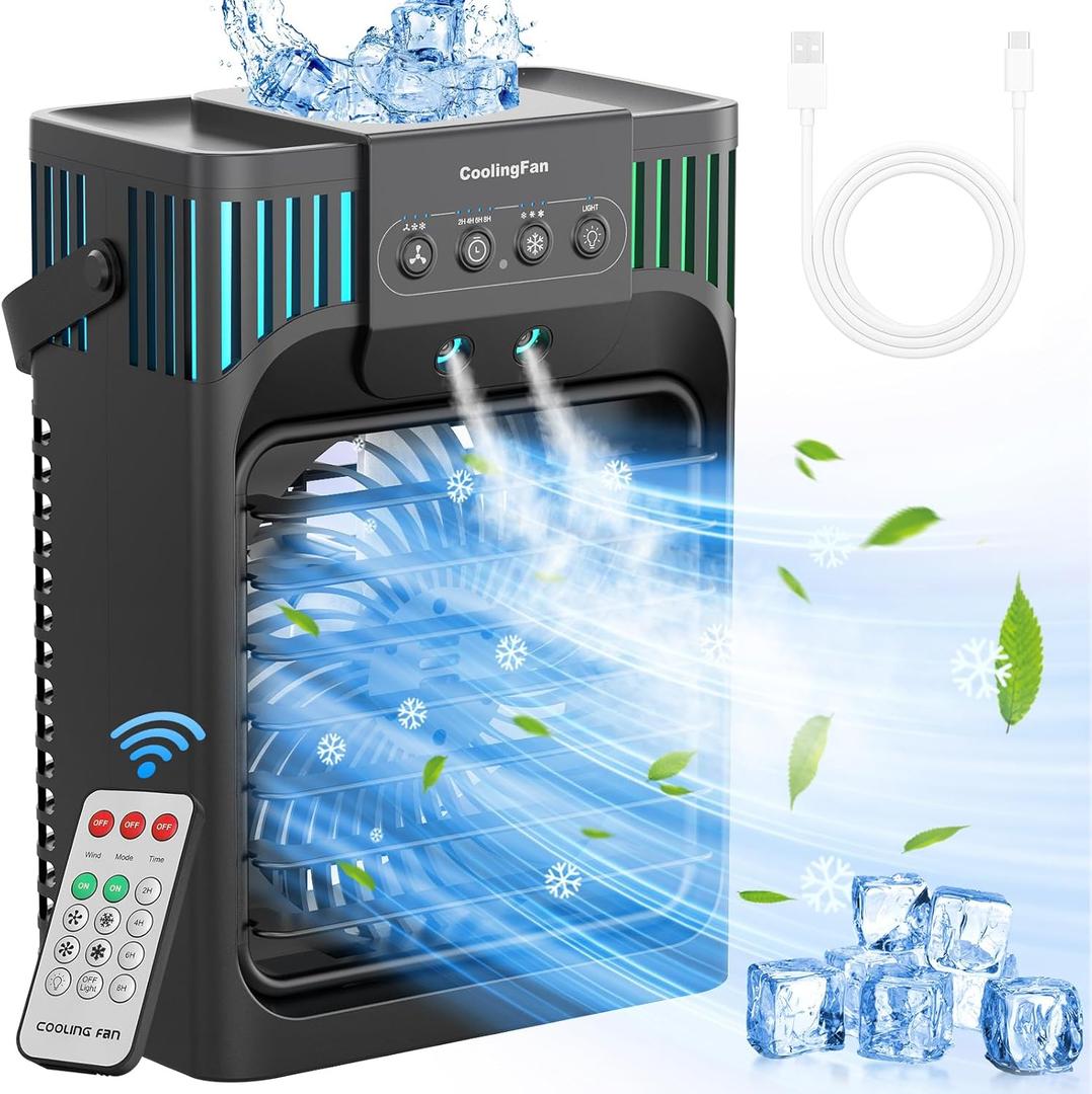 Serantzon Portable Air Conditioners, 4-in-1 Evaporative Air Cooler with Remote Control, Cooling Fan with 3 Modes, 3 Speeds & 7 LED Lights, 2-8H Timer, 1200ML Personal Mini AC Unit for Home, Bedroom