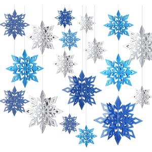 3D Hollow Christmas Winter Hanging Snowflakes Ornaments Decorations Glittery Large Snowflake Pendant Garlands for Winter Wonderland Party Home Decoration (Silver, Light Blue, Dark Blue,18 Pieces)