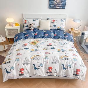 DJY Dinosaur Kids Duvet Cover Set Queen, 100% Cotton Dino Truck Car Bedding Set for Boys Girls, 3 Pieces Reversible Dinosaur Comforter Cover Set (1 Duvet Cover+2 Pillowcases)