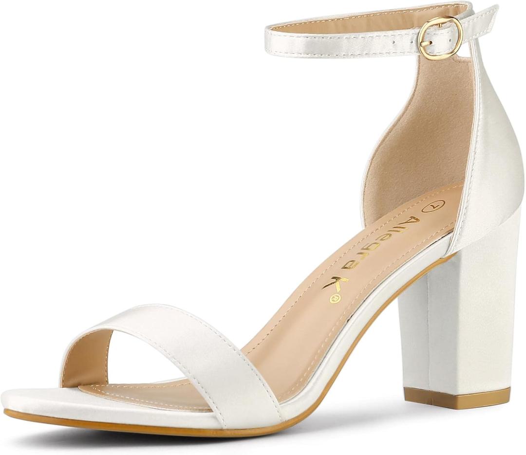 Allegra K Women's Satin Open Toe Ankle Strap Chunky Heels Sandals (6.5, White)