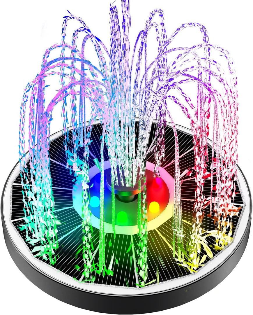 Solar Fountain Glass Panel with 2200 mah Battery, 3.5W Floating Solar Water Fountain with 4 Fixed Rods, Solar Pump for Bird Bath, Garden, Pond, Pool, Outdoor (White Panel Colorful Lights)