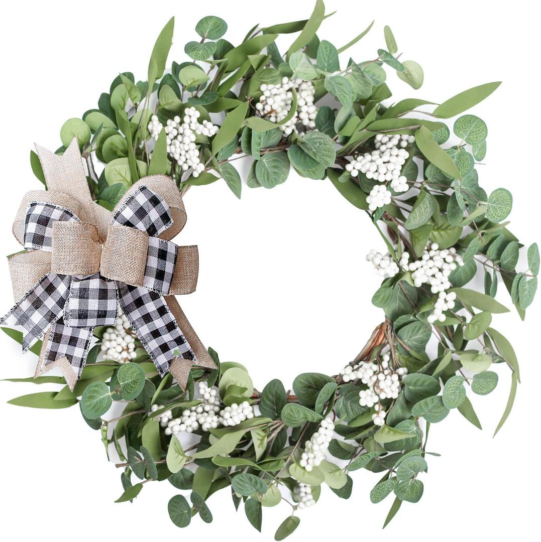 Artificial Eucalyptus Wreath for Front Door|20" Green Leaf Wreath for Window Home Porch Farmhouse Patio and Garden Indoor Outdoor Decor with Bow for Spring Summer Fall Winter
