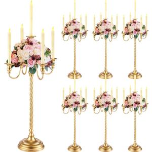 Tanlade 6 Pack Gold Candelabra Table Centerpieces Tall Candelabra Wedding Metal Candle Holder 5 Arm Taper Candlestick Floral Flower Floor Candle Stand for Dining Holiday Ceremony Easter Party(28 Inch)