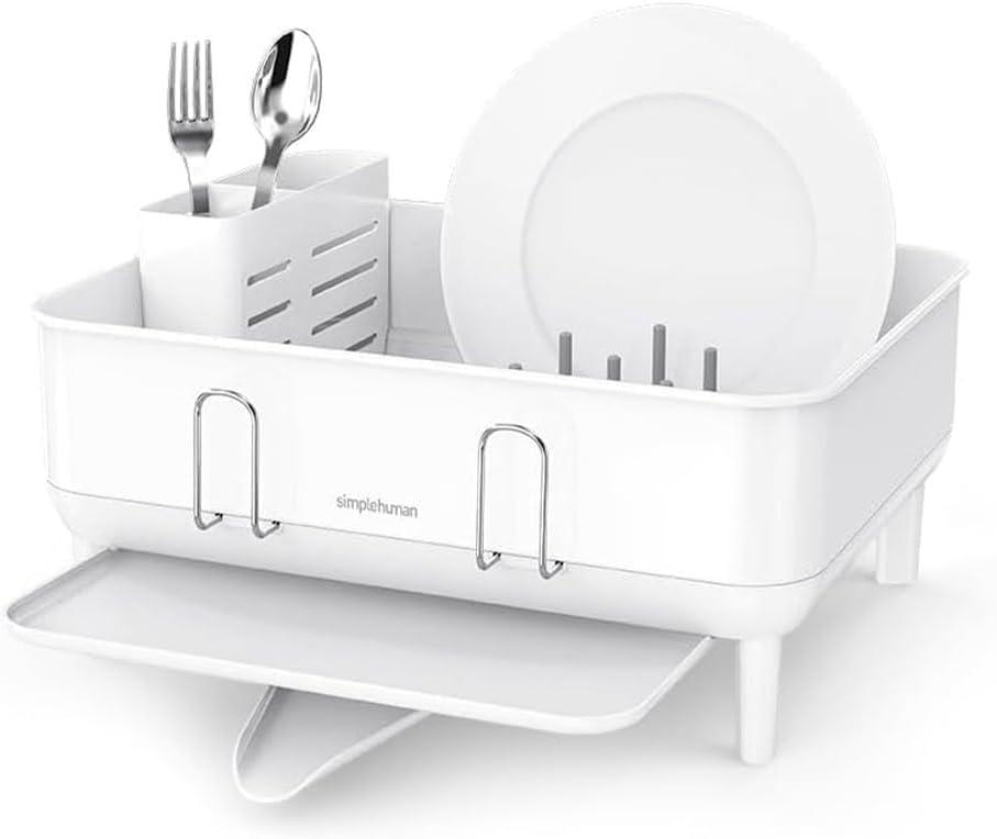 simplehuman Compact Dish Drying Rack with Stainless Steel Frame, 360 Easy Drain Swivel Spout, Utensil Holder, Anti-Residue Coating, Moisture Control Surface, White (Compact (15'' X 15.5'' X 7.5''))