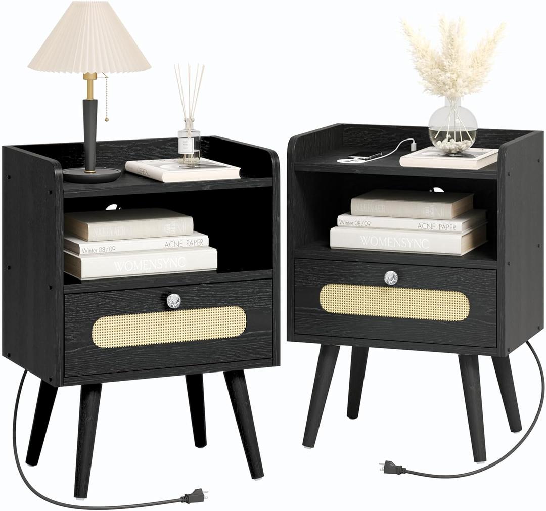 End Table Set of 2 with Charging Station, Diamond Dcor Nightstands Set of 2, Bedside Table Set of 2 with Solid Wood Legs, Black