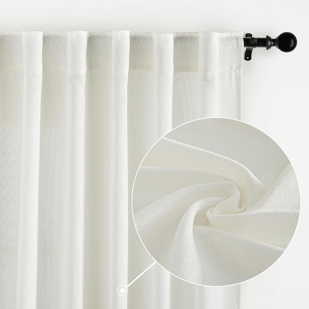 NICETOWN White Linen Curtains 84 inches Long for Living Room, Light Filtering Rod Pocket & Back Tab Faux Linen Semi Sheer Window Treatment Privacy Shades for Farmhouse Casual Decor, 52" Wide, 2 Panels (52"W x 84"L (Pack of 2))