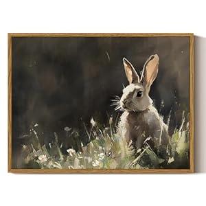 ARPEOTCY Vintage Framed Canvas Wall Art, Cute Bunny Wall Art for Living Room Bedroom, Rustic Moody Rabbit Spring Painting Pictures Home Decor for Easter Decoration (12x16 Inch)