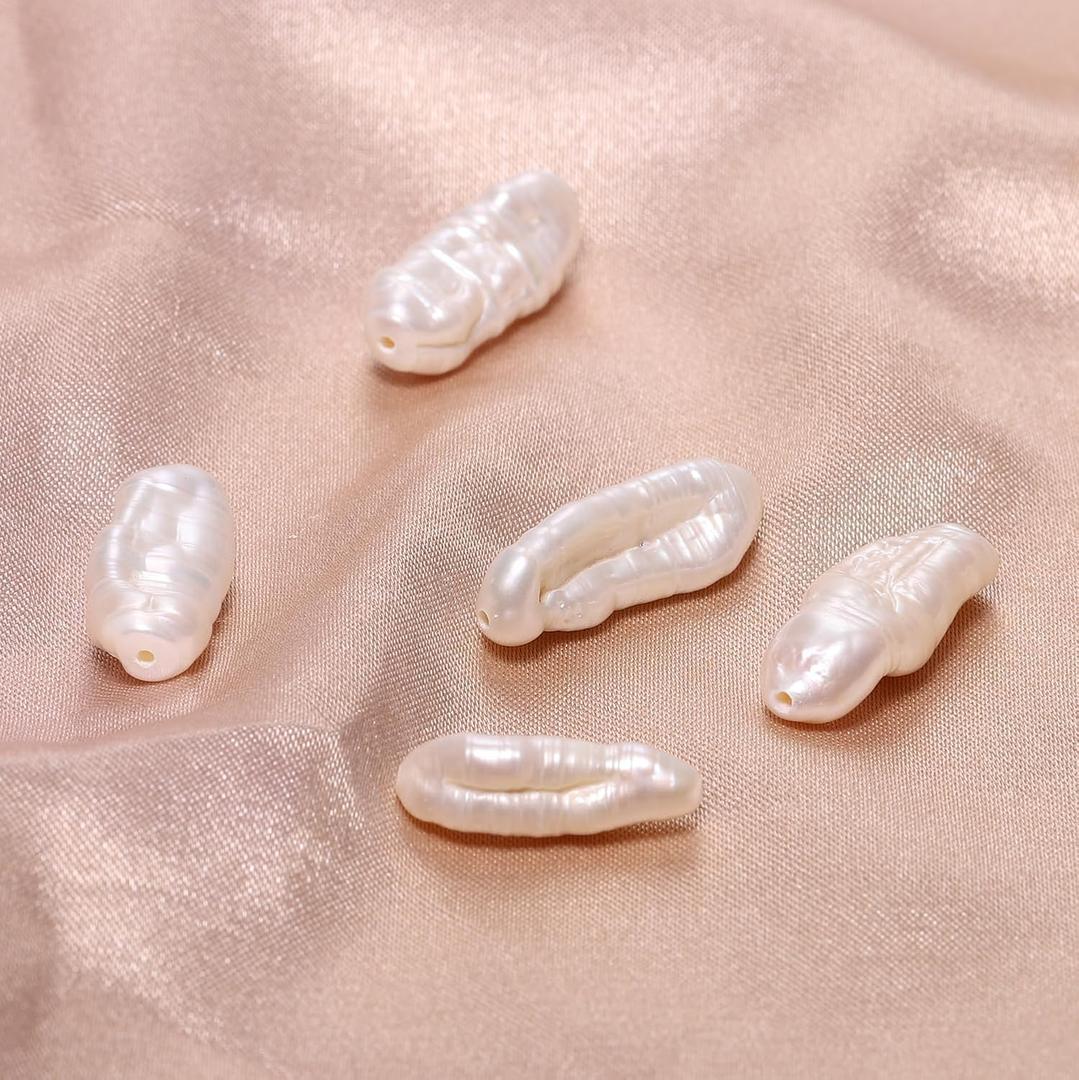 5pcs 15-23mm Long Baroque Pearl Beads, Long Irregular Freshwater Pearls for Dangle Earrings, Necklaces, DIY Jewelry Making (Beige White)