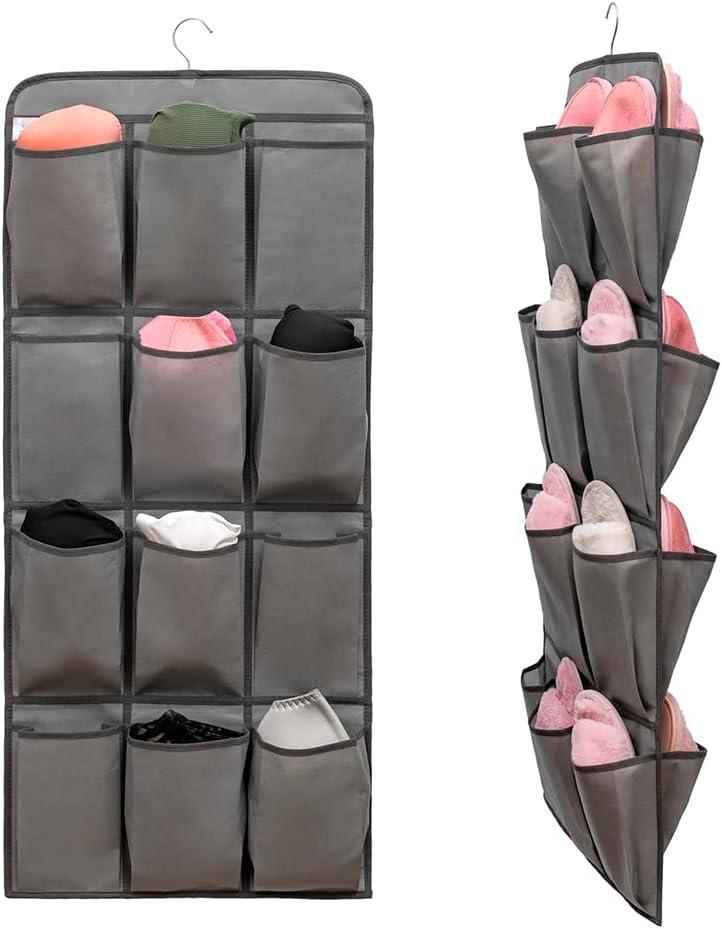 Dual Sided Hanging Shoe Organizer for Closet with 24 Large Pockets Hanging Shoe Rack Holder with Rotating Hanger (GREY)