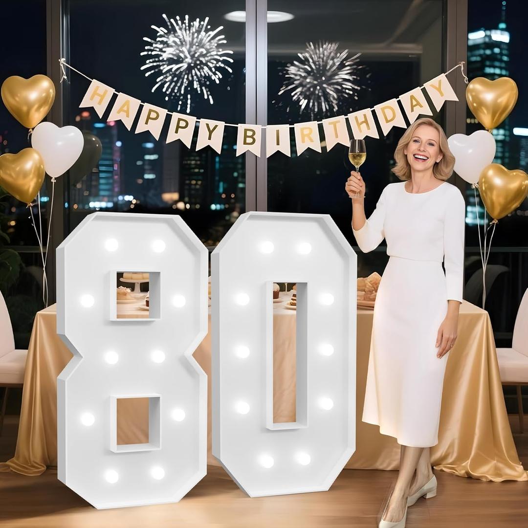 4FT 80 Marquee Numbers, 80 Light up Numbers for Party, 80th Birthday Decorations for Women Men, Big 80 Sign with Light for Anniversary, Birthday Backdrop Decor